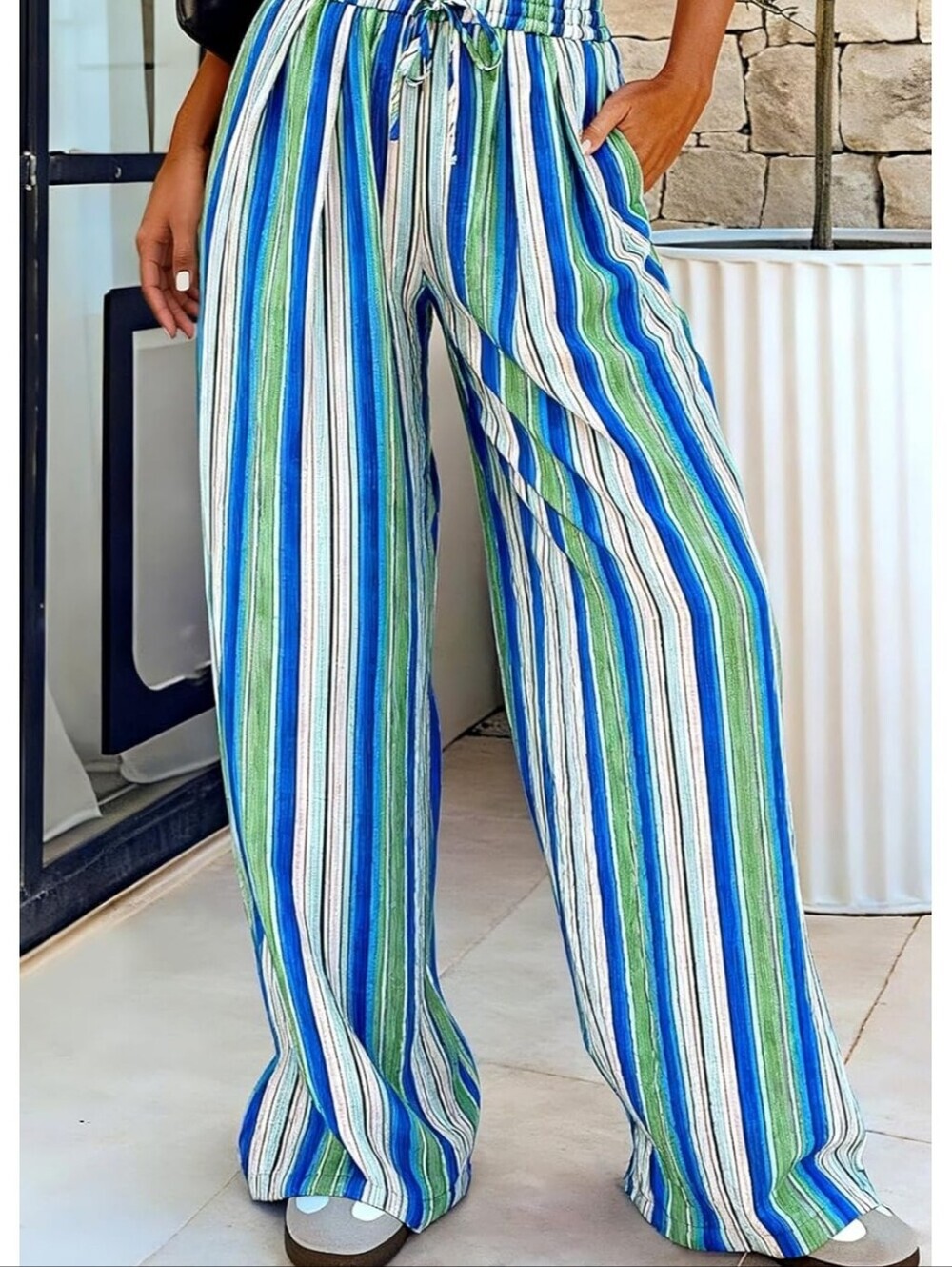 Striped Wide-Leg Drawstring Pants in Blue & Green